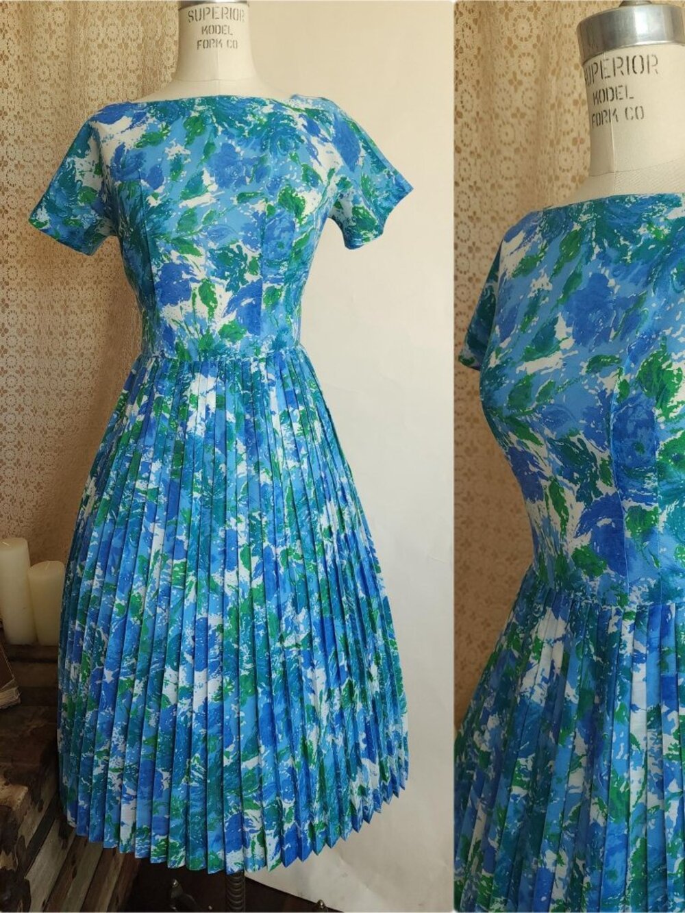 Vintage 1950s 1960s Fit and Flare Dress in Blue White Green Floral with a Pleate